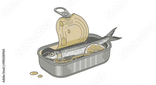 Canned Sardine vector illustration with lemon in open tin