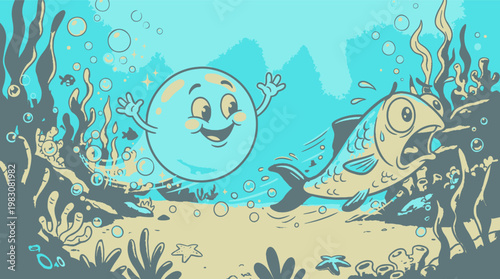 Sardine vector illustration of fish chased by a happy bubble