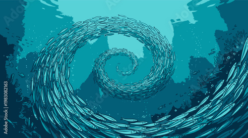 Sardine vector illustration of fish school in a spiral formation