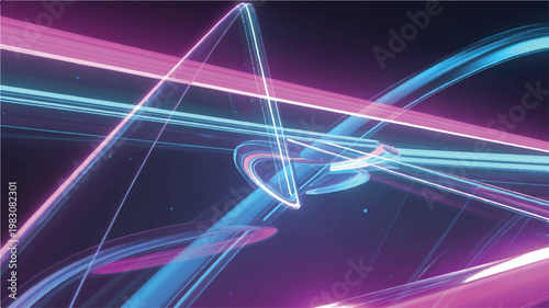 Glowing neon light lines and shapes in purple and blue hues on dark background