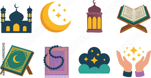 Ramadan Kareem and Eid Mubarak Islamic Icon Set