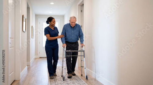 Senior couple walking together in bright hallway