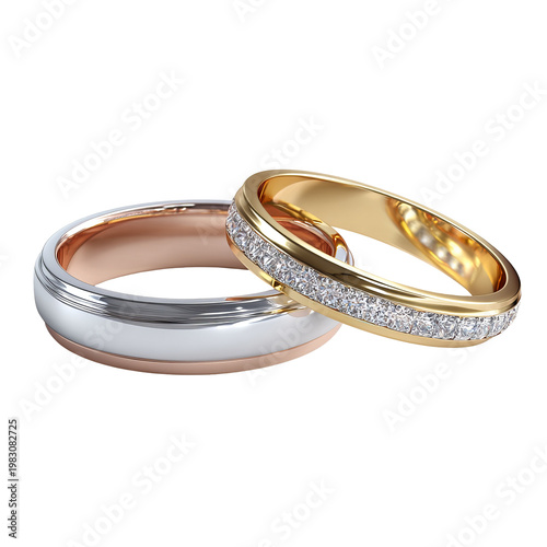 Two intricately designed rings, one gold with stones, other tri-color, on black