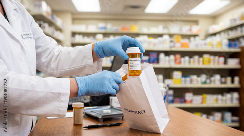 Pharmacist handing medicine bag to customer at counter