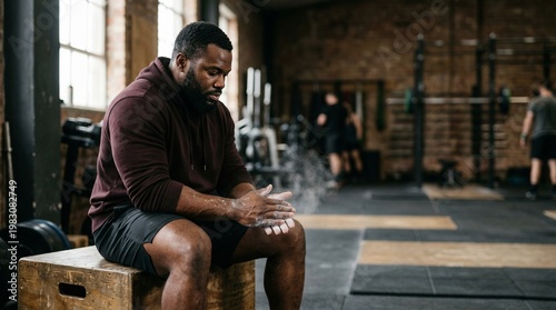 Black man applying gym chalk to hands while sitting on a box in a fitness center.