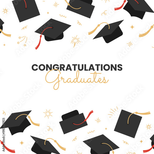 Congratulations Graduates poster template in flat style. Academic hats with tassels is in the air. University mortarboards throwing tradition. College, high school ceremony. Vector for grad banner