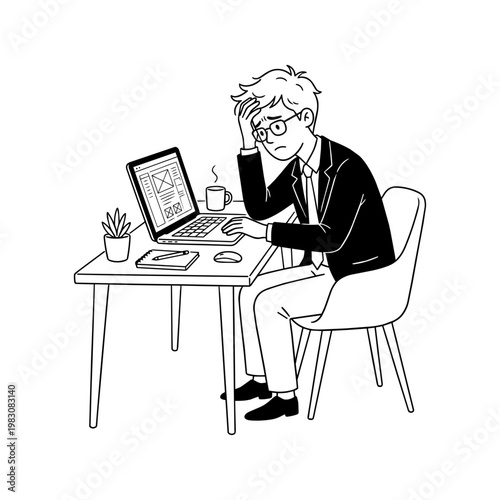 PCを前に悩む若い男性