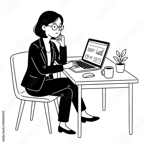 PCを前に悩む若い女性