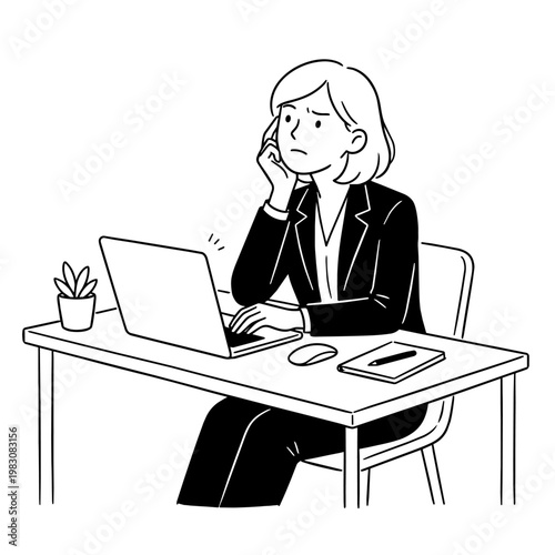 PCを前に悩む若い女性