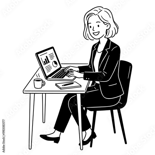 PCを前に微笑む若い女性