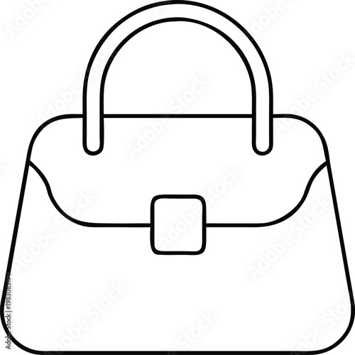 Stylish outline illustration of a contemporary womens handbag featuring a distinctive square clasp
