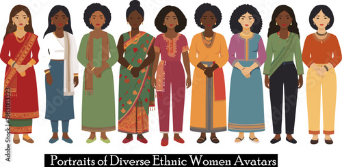 Portraits of Diverse Ethnic Women Avatars Representing Cultural Dress and Unity flat vector illustration