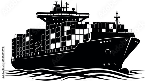 Large container ship sailing on wavy ocean waters illustration