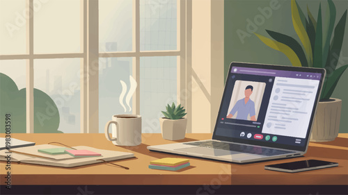 home office workspace with laptop and coffee on wooden desk near window