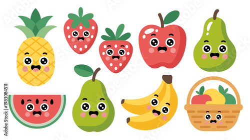 Cute Kawaii Fruit Vector Set Pineapple, Berries, Apple, Banana and Watermelon with Basket