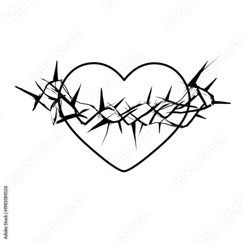 Minimalist vector illustration of a heart entwined with a sharp crown of thorns, symbolizing pain, sacrifice, or resilient love. This clean black and white line art is ideal for tattoos
