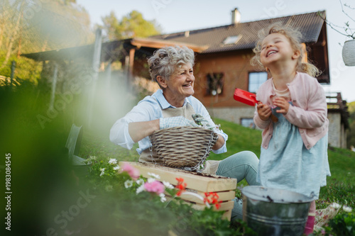 Senior grandmother with small granddaughter gardening during spring season.