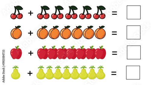 Educational fruit addition math worksheet for kids, Visual counting and math exercise with colorful fruits, Kindergarten mathematics addition puzzle activity, Printable fruit counting worksheet for el