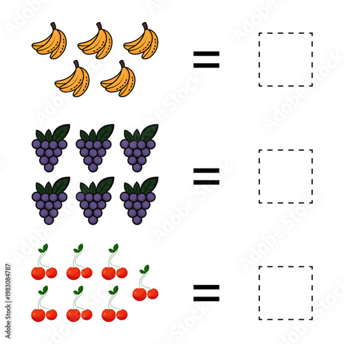 Fruit counting math worksheet for preschool kids, Educational visual counting exercise with colorful fruits, Kindergarten mathematics counting activity for children, Printable fruit number practice wo