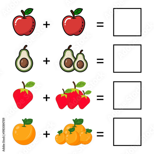 Fruit addition math worksheet for kids, Visual counting exercise with colorful fruits, Elementary mathematics addition puzzle for children, Educational fruit counting and math activity vector