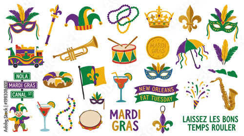 Mardi Gras Celebration Elements Festive Collection New Orleans Fat Tuesday Party Symbols