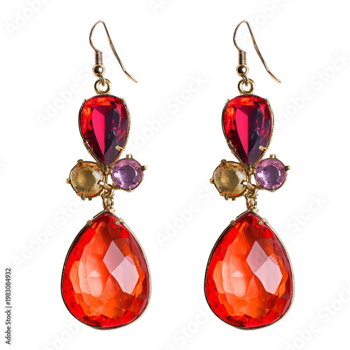 Two ornate dangle earrings with red, orange, and purple gemstone clusters