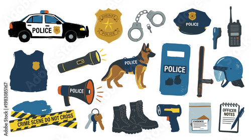 Police equipment and vehicle illustration flat design style