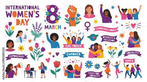 International Womens Day celebration with diverse women empowerment messages and symbols