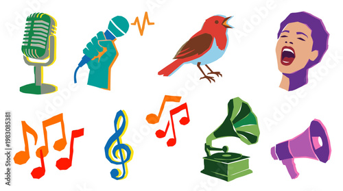 Vibrant collection of musical and auditory elements including microphones bird singing gramophone and musical notes