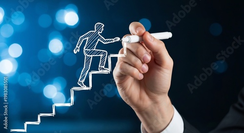 Businessman drawing a man climbing stairs on a transparent screen with a marker