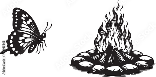 Black and white illustration of a butterfly flying near a campfire surrounded by stones, evoking a sense of nature and outdoor adventure, perfect for artistic and thematic projects