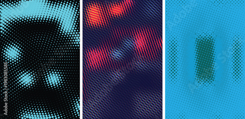 Vibrant halftone patterns in blue, red, and black hues with geometric designs