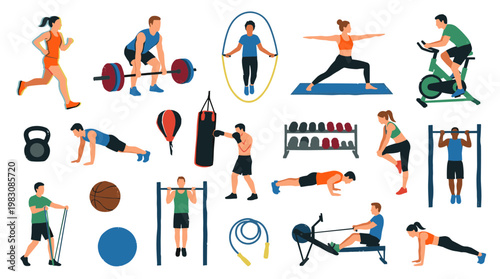 Diverse group of people engaged in various fitness activities and exercises with gym equipment