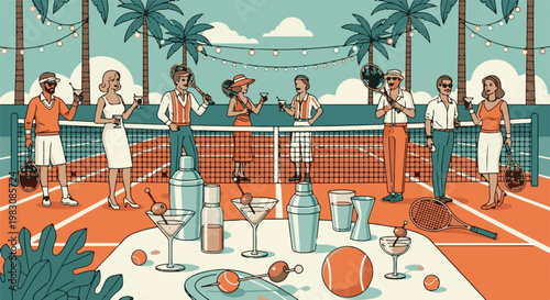 Vintage tennis party with cocktails and palm trees