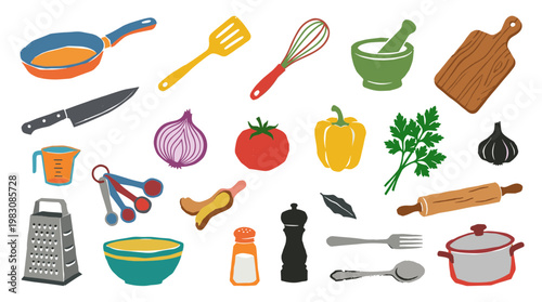 Colorful kitchen utensils and fresh ingredients for cooking and baking isolated on white background