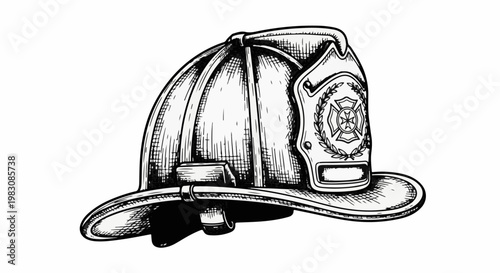 Detailed black and white illustration of a traditional firefighter's helmet