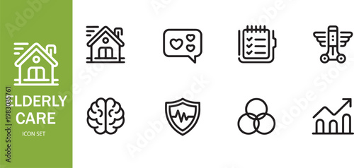 Elderly Care and Mental Health Icon Set - Senior Wellness, Nursing Home, and Brain Health Line Icons