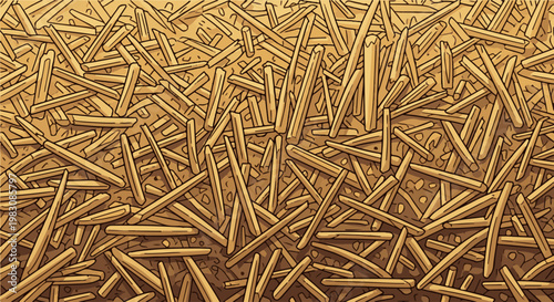 A chaotic, densely packed pattern of randomly scattered, elongated sticks on a textured background