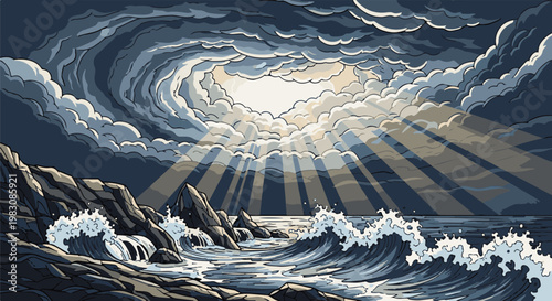 Sunbeams break through stormy clouds onto rocky shore with crashing waves