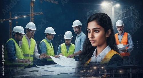 woman engineer with construction team at night site