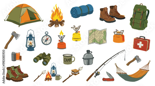 Camping Gear Assortment Outdoor Adventure Equipment Collection for Hiking and Recreation