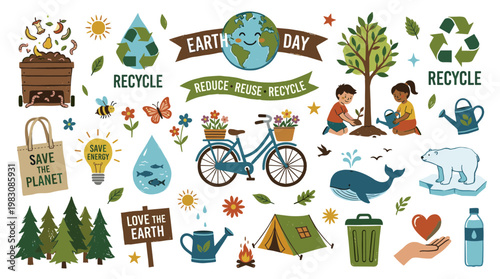 Earth Day illustration with recycling symbols, nature elements, and children planting trees promoting environmental awareness and sustainability
