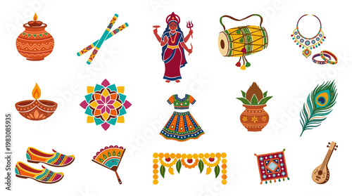 Indian Festival Icons Set Goddess Durga Traditional Symbols Garba Dance Elements