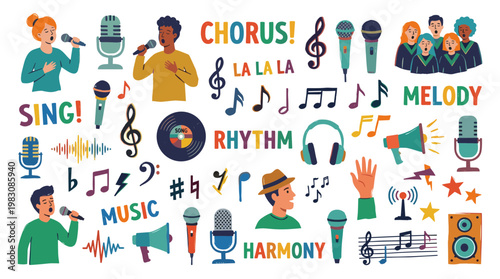 Creative illustration of singing and music elements with people performing and musical symbols for performance and entertainment concepts