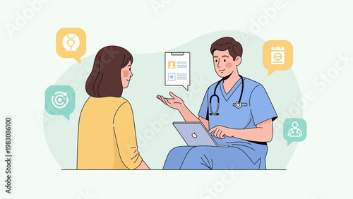 Doctor consulting patient with laptop, discussing medical treatment and health care