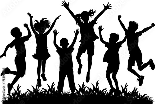 Happy group of young children jumping high in the air while celebrating their fun summer vacation during a sunny day