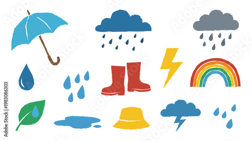 Collection of weather icons umbrella rain boots rainbow lightning clouds leaf puddle yellow hat for weather forecast and seasonal themes