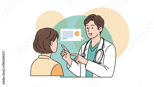 Doctor consulting patient, explaining medical information with speech bubble, healthcare concept