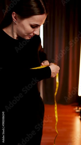 Woman measures body parts in front of mirror using a tape measure in her home