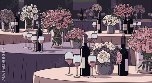 Rose bouquets and wine bottles adorn a formal event setting